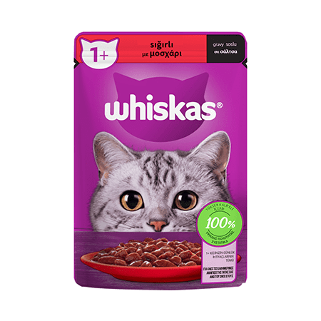 پوچ گربه ویسکاس با طعم گوشت در سس Whiskas beef in gravy وزن 85 گرم