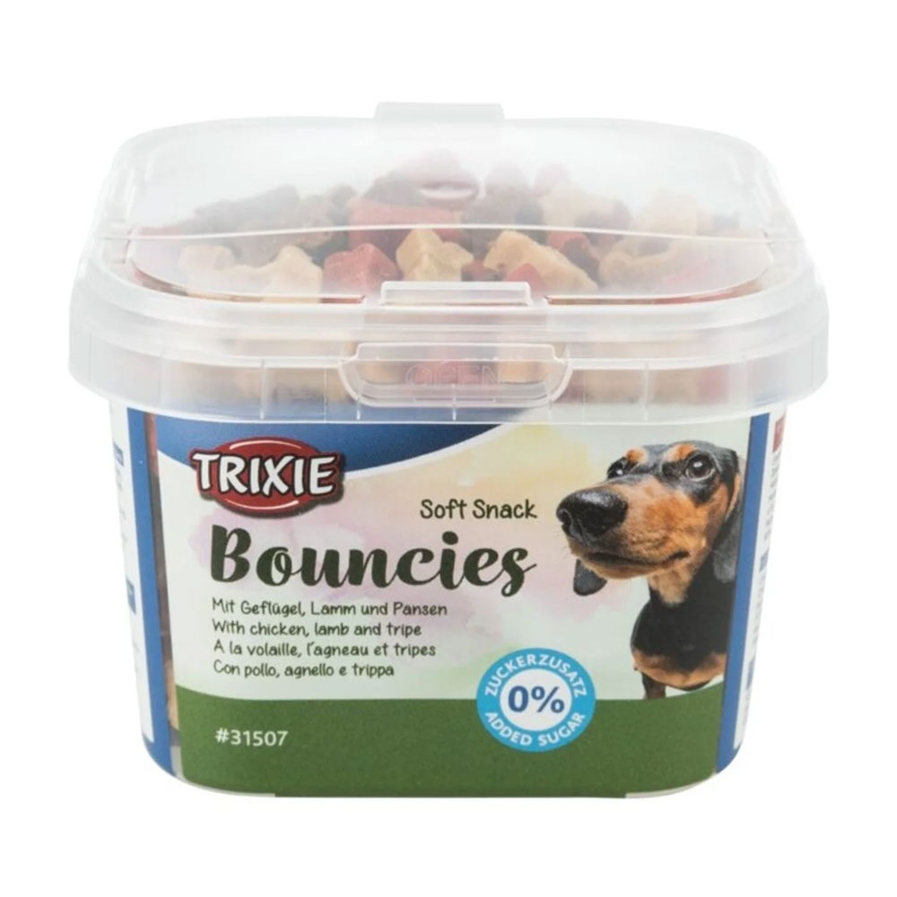 تشویقی سطلی اسنک نرم مخصوص آموزش سگ تریکسی مدل Soft Snack Bouncies طعم مرغ، بره و سیرابی
