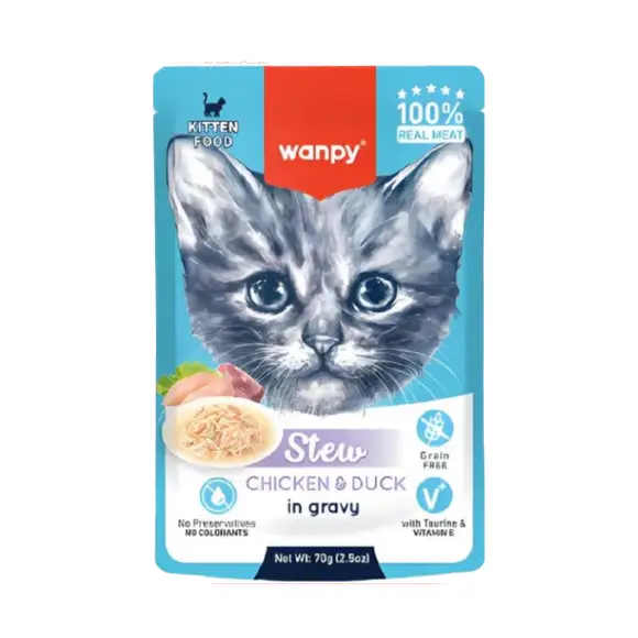 پوچ خورشتی بچه گربه ونپی مدل استیو با طعم مرغ و اردک Wanpy Stew With Chicken & Duck in Gravy وزن 70 گرم