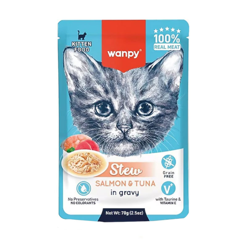 پوچ خورشتی بچه گربه ونپی مدل استیو با طعم تن و سالمون Wanpy Stew With Tuna & Salmon in Gravy وزن 70 گرم