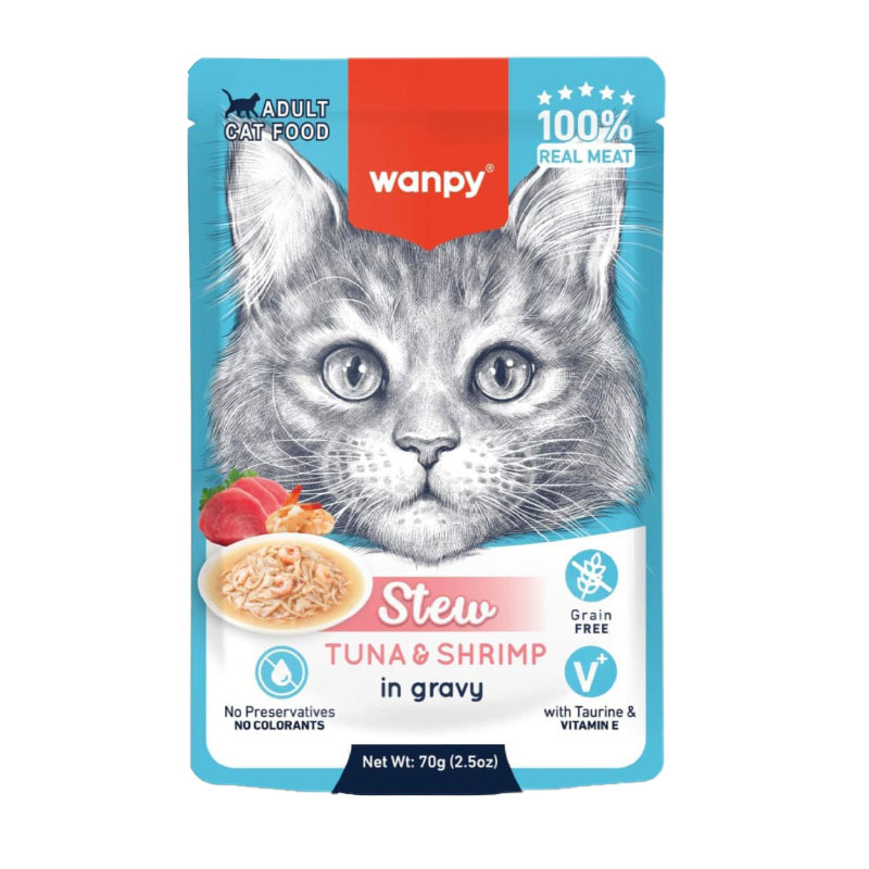 پوچ خورشتی گربه ونپی مدل استیو با طعم تن و میگو Wanpy Stew With Tuna & Shrimp in Gravy وزن 70 گرم