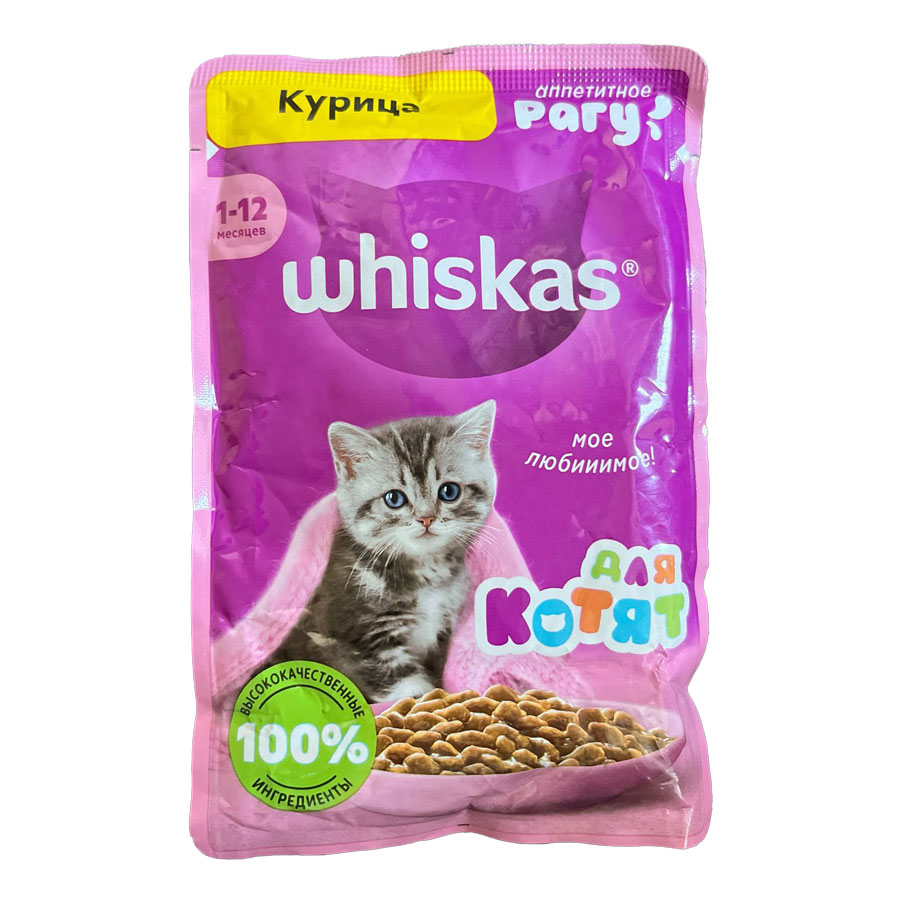 پوچ بچه گربه ویسکاس روس با طعم مرغ در سس Whiskas chicken in gravy وزن 75 گرم
