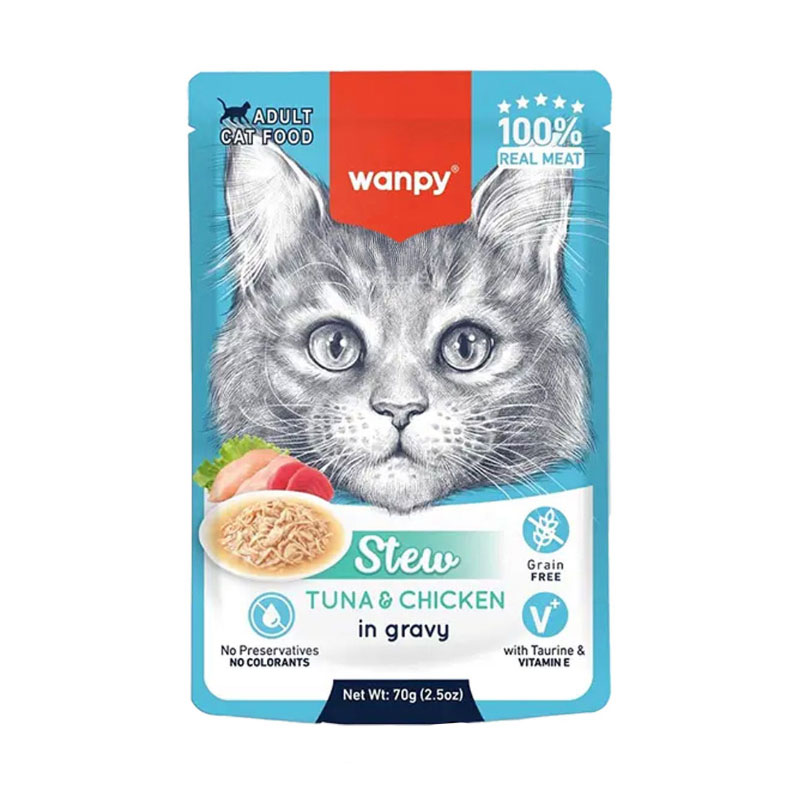 پوچ خورشتی گربه ونپی مدل استیو با طعم تن و مرغ Wanpy Stew With Tuna & Chicken in Gravy وزن 70 گرم