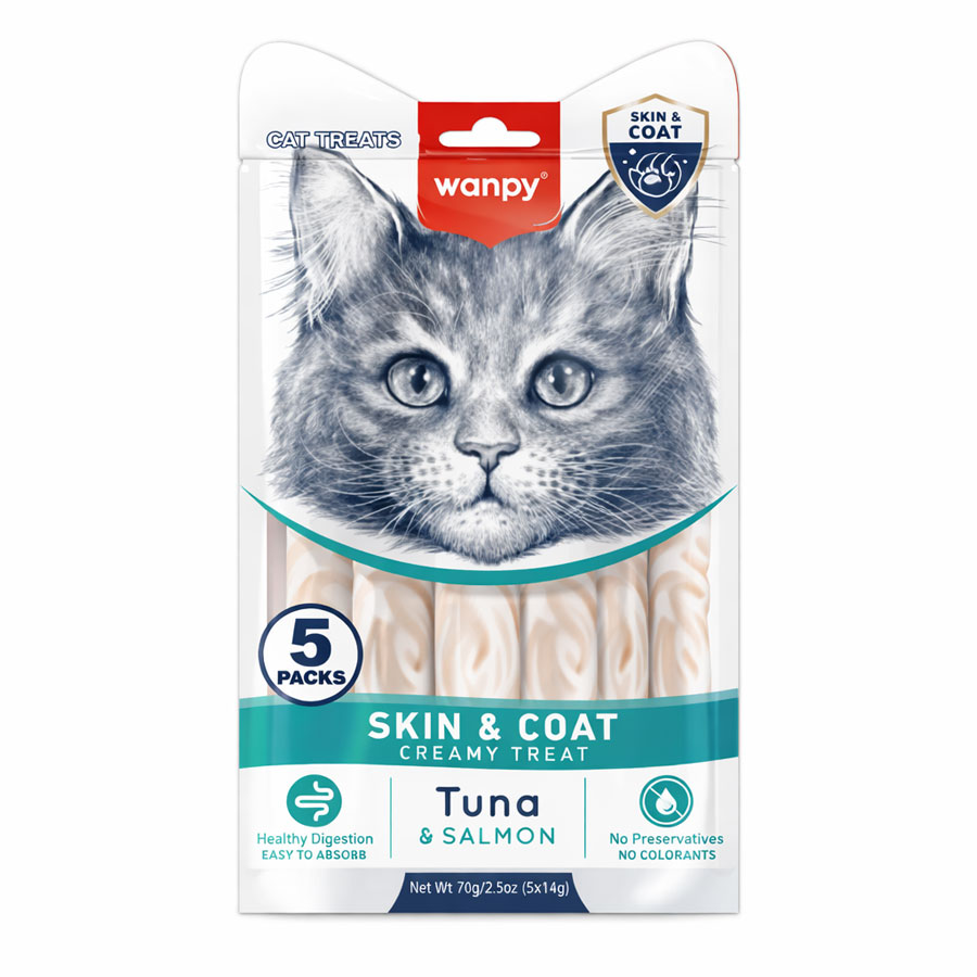 بستنی درمانی گربه ونپی حفظ سلامت پوست و مو با طعم ماهی تن و سالمون Wanpy Skin & Coat Creamy Treat