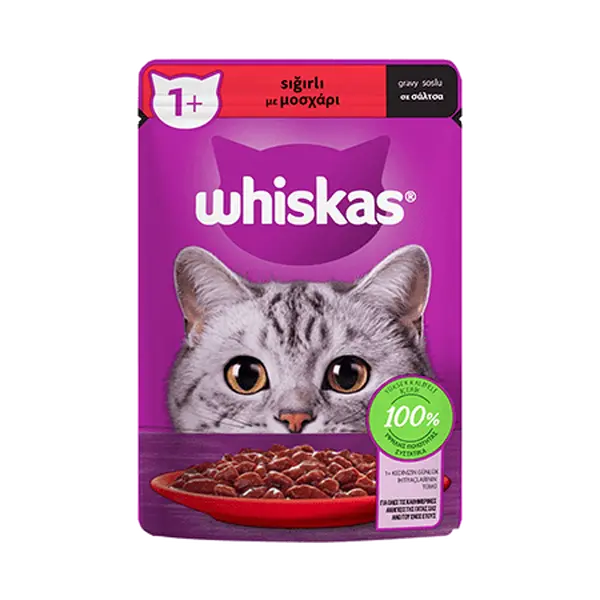 پوچ گربه ویسکاس با طعم گوشت در سس Whiskas beef in gravy وزن 85 گرم