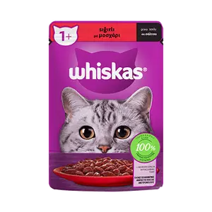 پوچ گربه ویسکاس با طعم گوشت در سس Whiskas beef in gravy وزن 85 گرم
