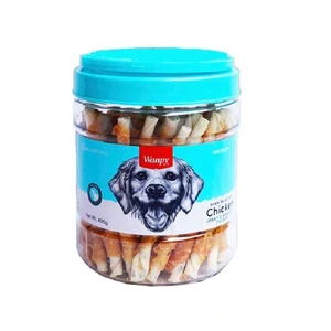 تشویقی ونپی سگ دورپیچ مرغ سطلی 400 گرمی chicken jerky & rawhide twists