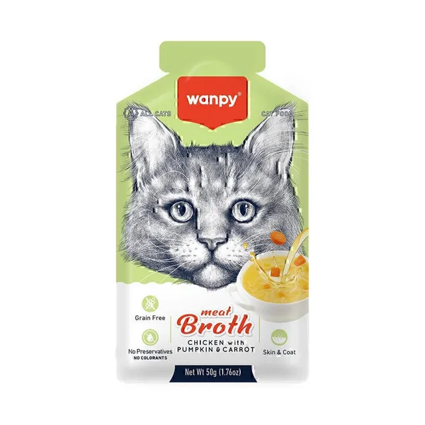 سوپ گربه ونپی با طعم مرغ، کدوحلوایی و هویج Wanpy Cat Meat Broth With Chicken, Pumpkin And Carrot وزن 50 گرم