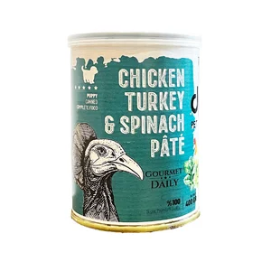 کنسرو پته گوشت بوقلمون و مرغ و اسفناج و کلم تنبل مخصوص توله سگ برند dps وزن 400 گرمی